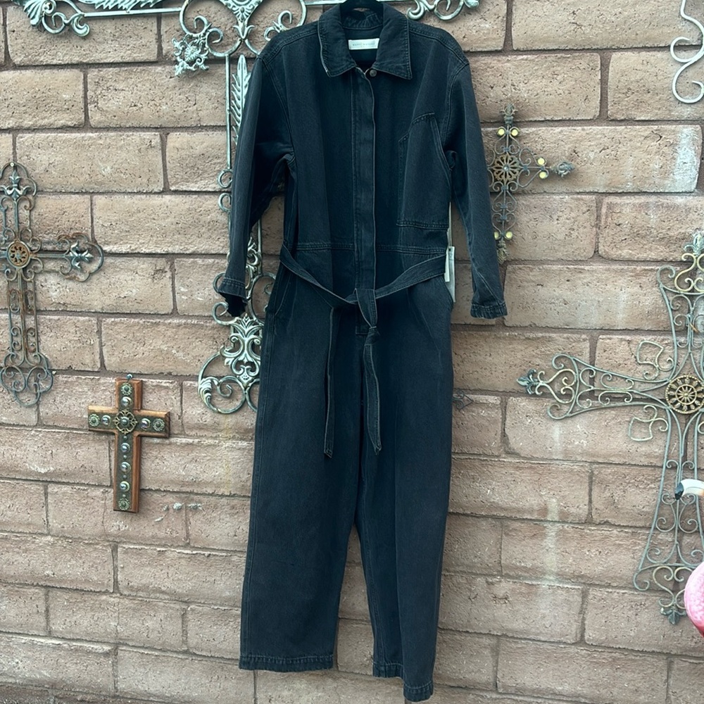 Happy Nature Jumpsuit Women’s XL Black Denim Wide Leg Kate Zip Up Belted NWT